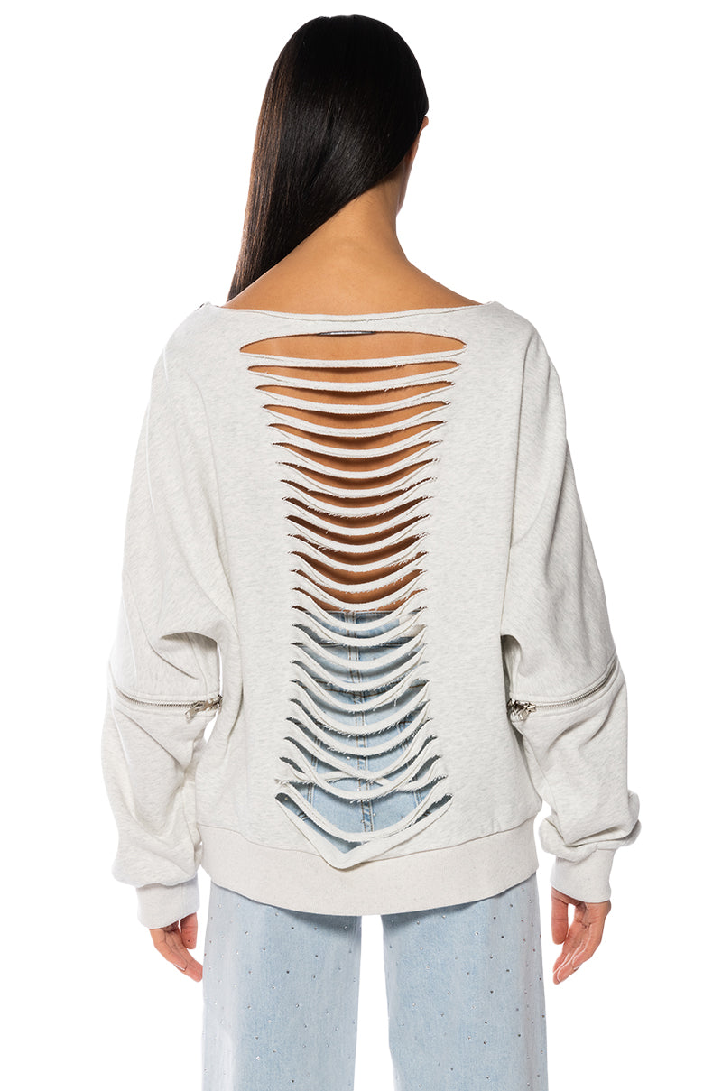 SPOTLIGHT SHREDDED ZIP SLEEVE SWEATSHIRT