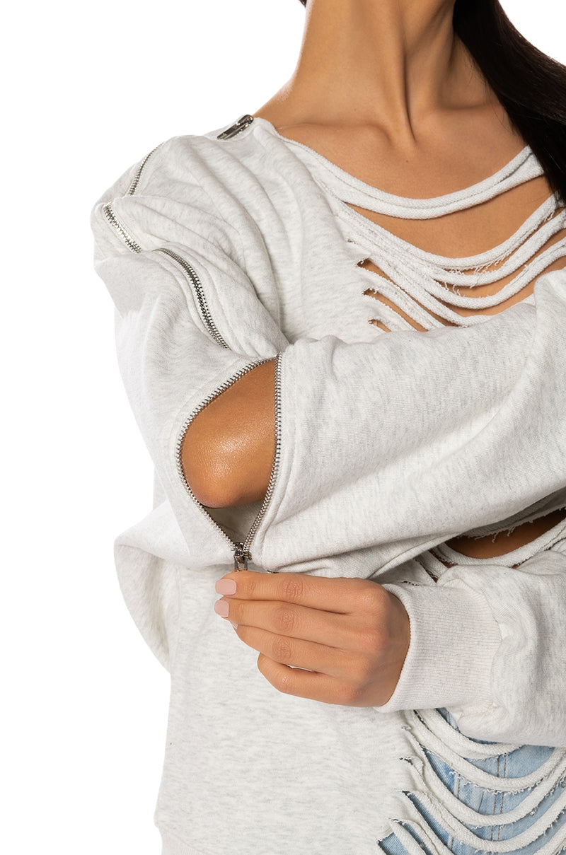 SPOTLIGHT SHREDDED ZIP SLEEVE SWEATSHIRT