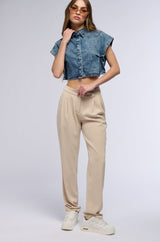STAND ON BUSINESS SHORT SLEEVE DENIM COLLARED TOP