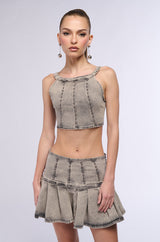 STAND ON MY BUSINESS MINERAL WASH DENIM STUDDED MINI SKIRT