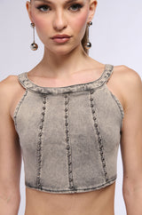 STAND ON MY BUSINESS MINERAL WASH DENIM STUDDED SLEEVELESS TOP