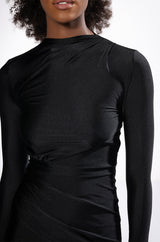 BELIEVE ME MOCK NECK RUCHED MINI DRESS