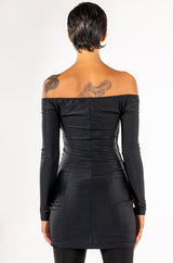 INTO YOU LONG SLEEVE RUCHED MESH MINI DRESS