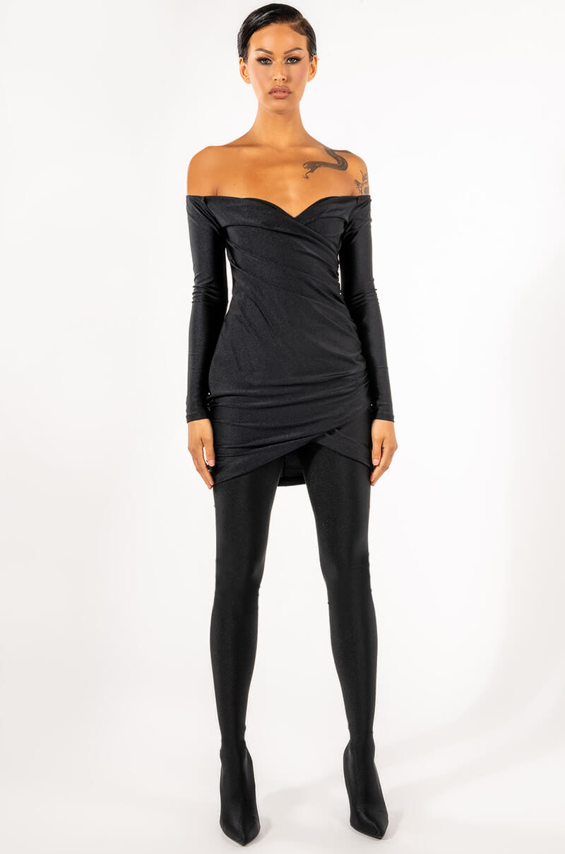 INTO YOU LONG SLEEVE RUCHED MESH MINI DRESS