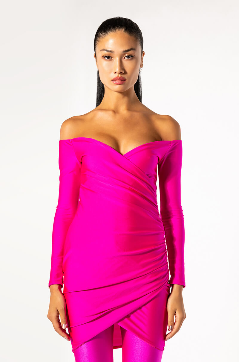 TIME TO SHINE LONG SLEEVE RUCHED MESH MINI DRESS