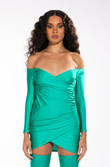 LONG SLEEVE RUCHED MESH MINI DRESS