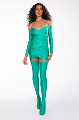 LONG SLEEVE RUCHED MESH MINI DRESS