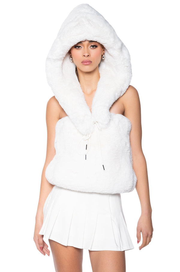 STARSTRUCK TIE FRONT FAUX FUR TOP WITH HOOD IN IVORY