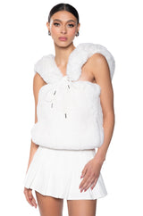STARSTRUCK TIE FRONT FAUX FUR TOP WITH HOOD IN IVORY