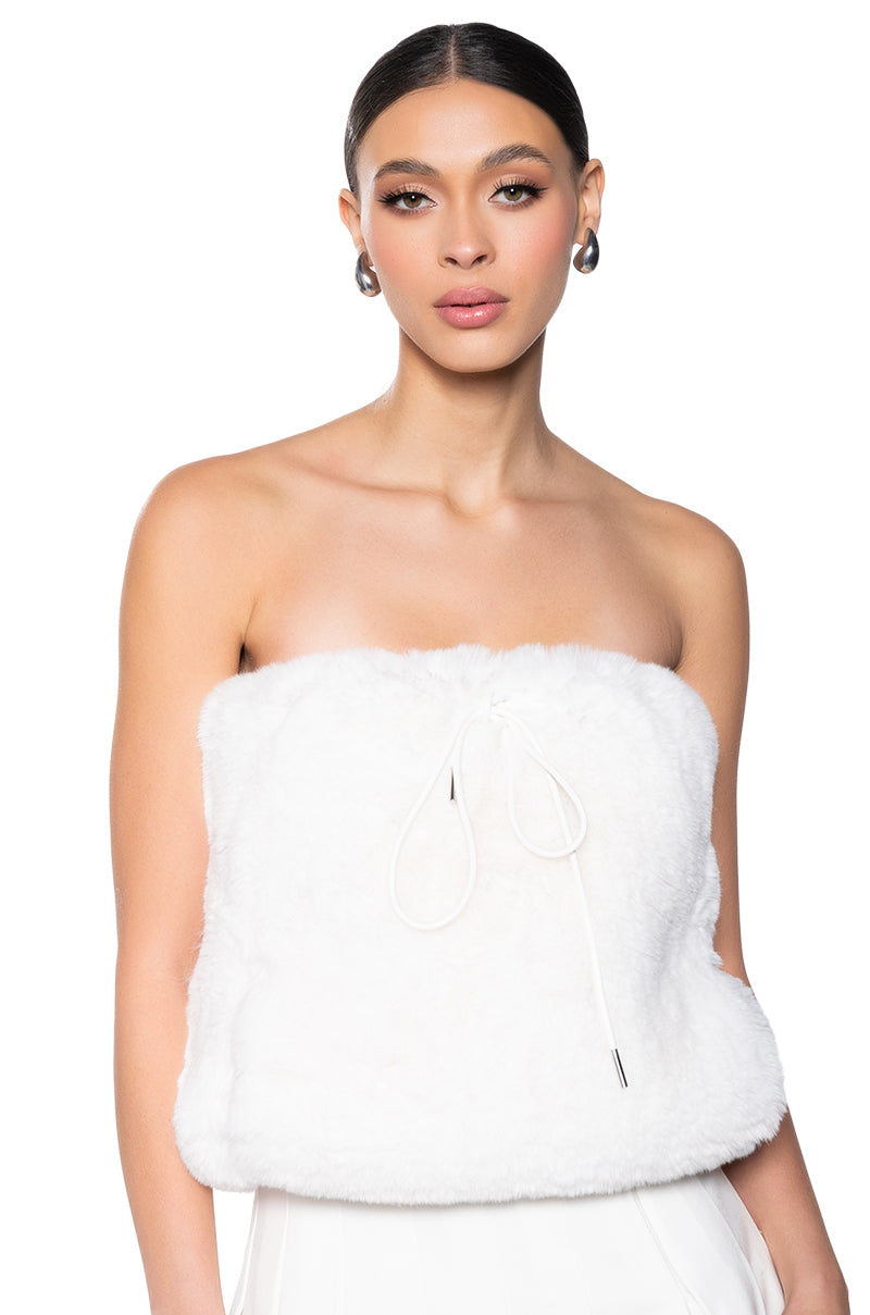 STARSTRUCK TIE FRONT FAUX FUR TOP WITH HOOD IN IVORY