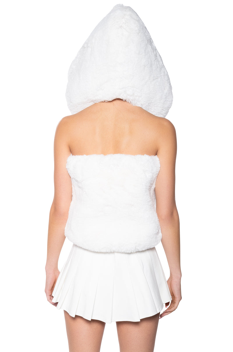 STARSTRUCK TIE FRONT FAUX FUR TOP WITH HOOD IN IVORY