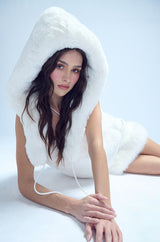 STARSTRUCK TIE FRONT FAUX FUR TOP WITH HOOD IN IVORY