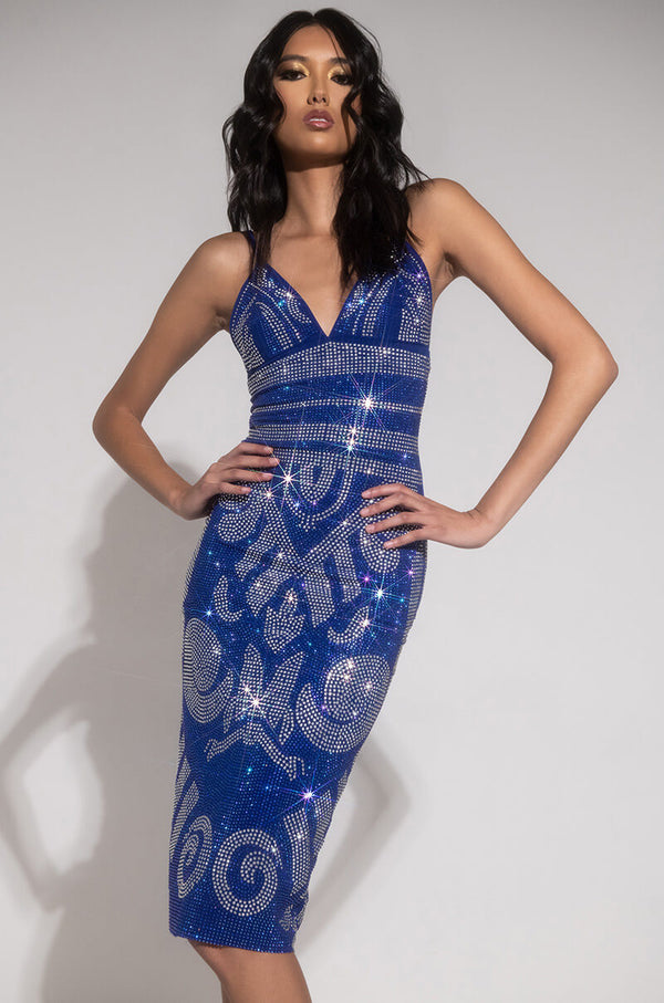 STATUE STATUS RHINESTONE BANDAGE MIDI DRESS