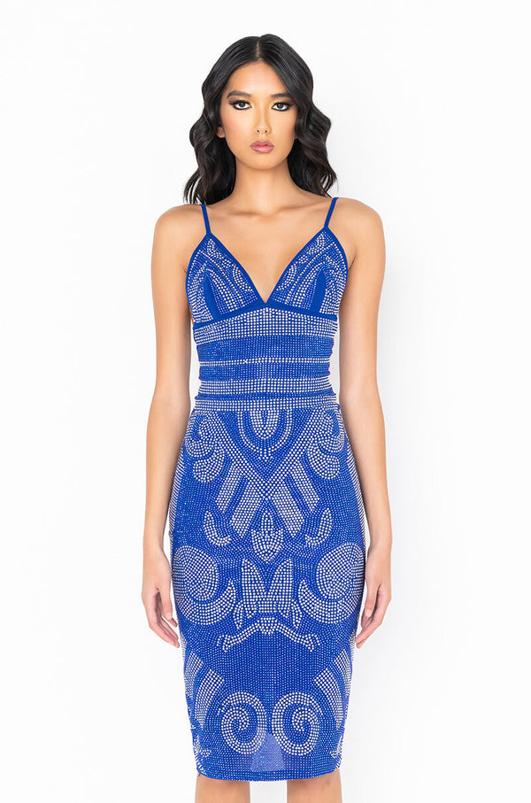 STATUE STATUS RHINESTONE BANDAGE MIDI DRESS