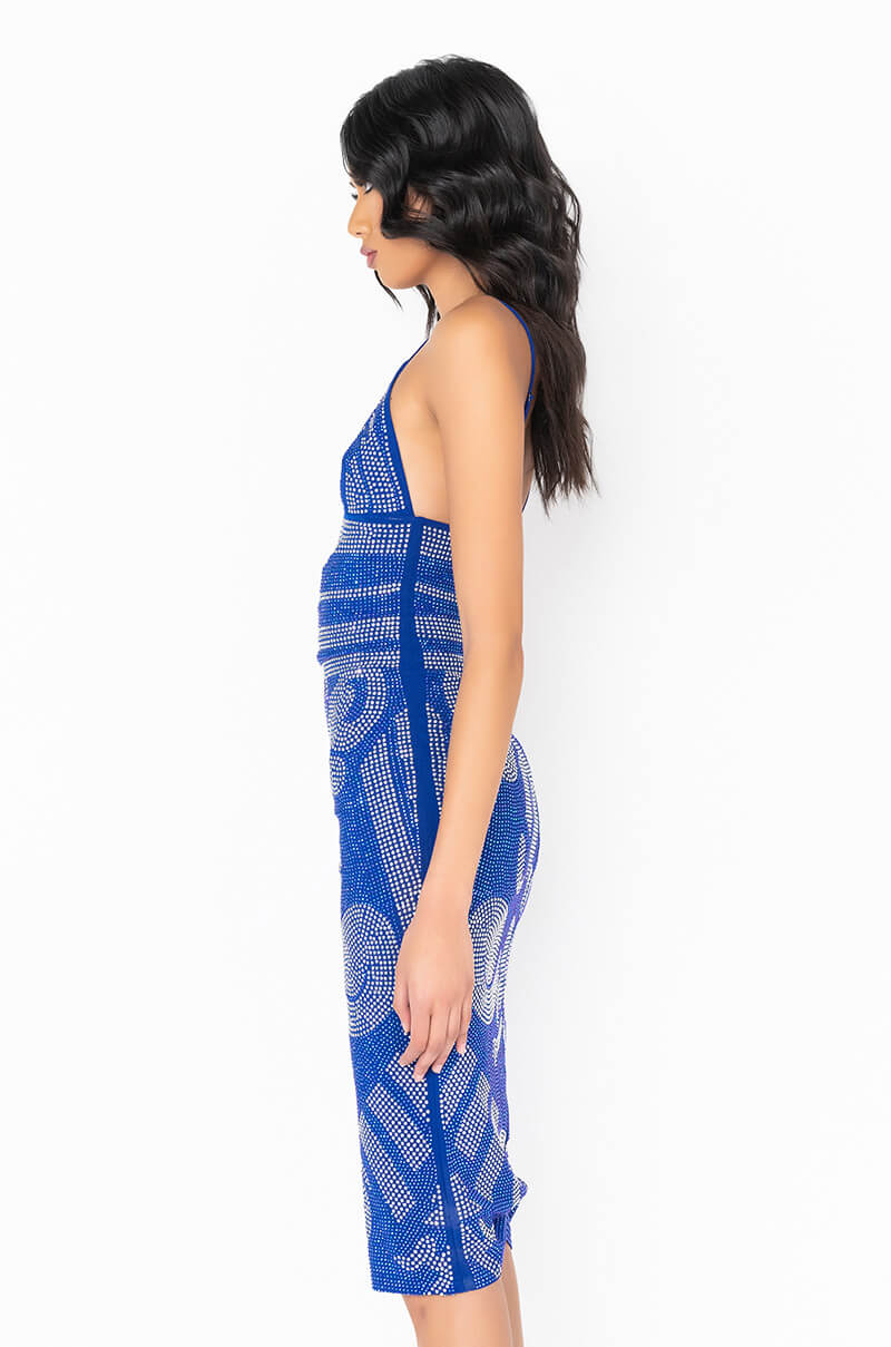 STATUE STATUS RHINESTONE BANDAGE MIDI DRESS