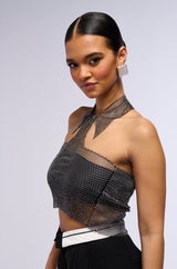 STAY CONNECTED COLLARED RHINESTONE MESH CROP TOP