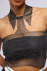 STAY CONNECTED COLLARED RHINESTONE MESH CROP TOP