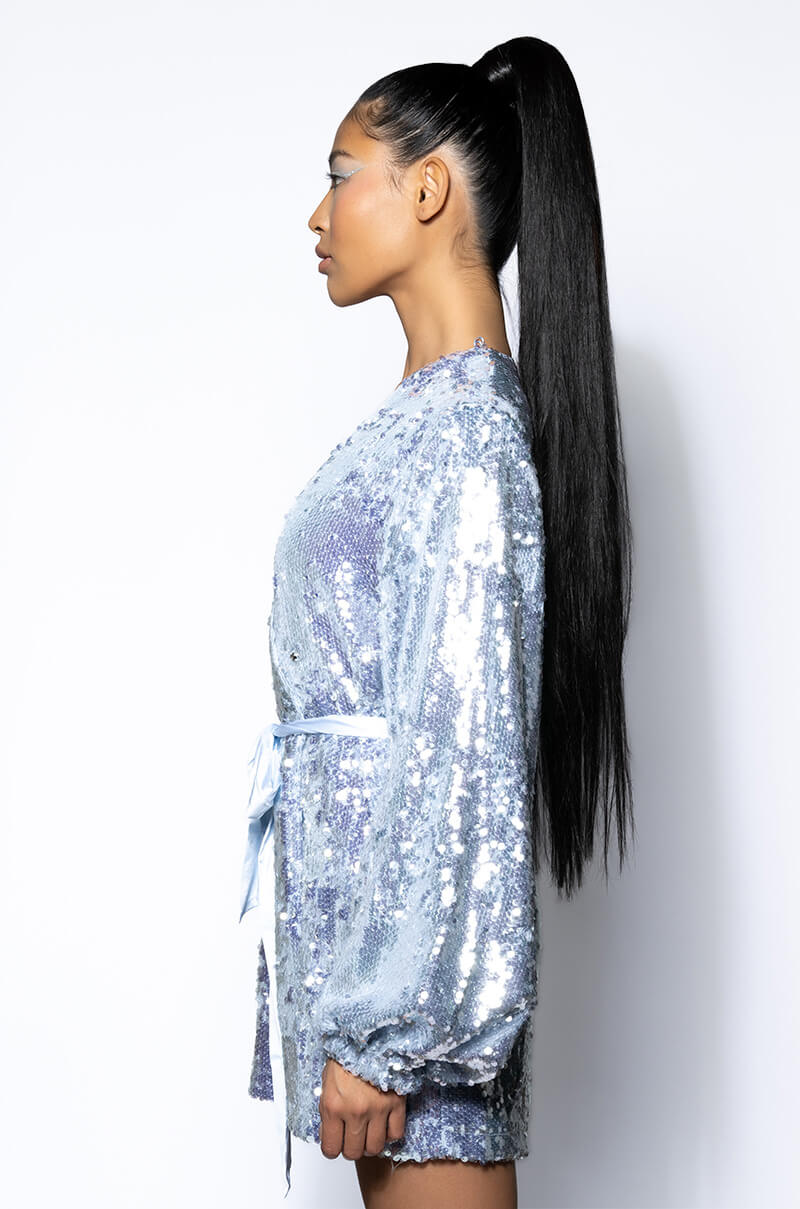 STEP UP TIE FRONT SEQUIN MINI DRESS