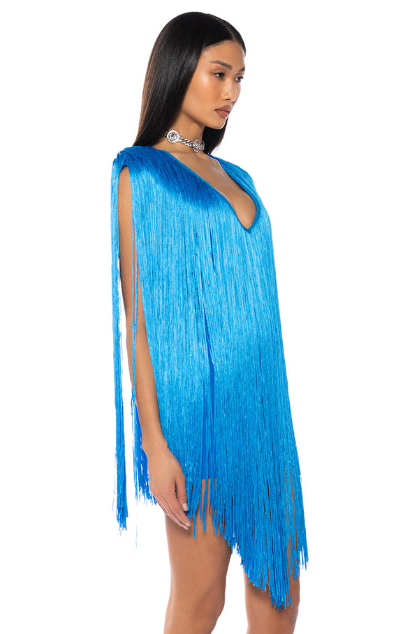 STEVIE DEEP V BANDAGE WITH FRINGE MINI DRESS