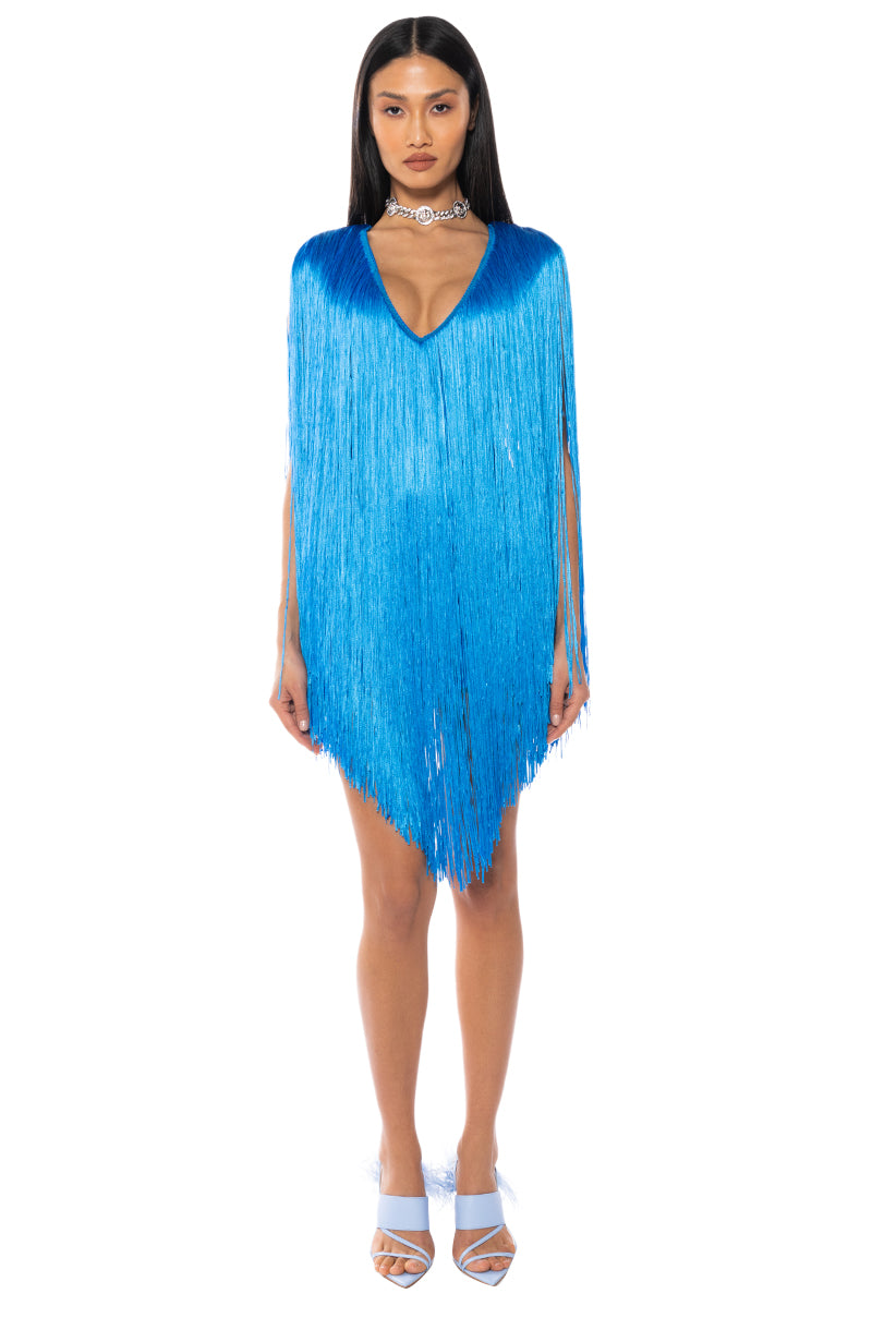 STEVIE DEEP V BANDAGE WITH FRINGE MINI DRESS