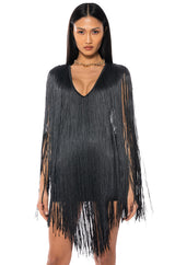 STEVIE DEEP V BANDAGE WITH FRINGE MINI DRESS