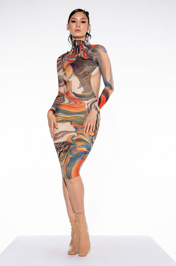 STICK TO THE SCRIPT MIDI MESH DRESS WITH OPEN BACK