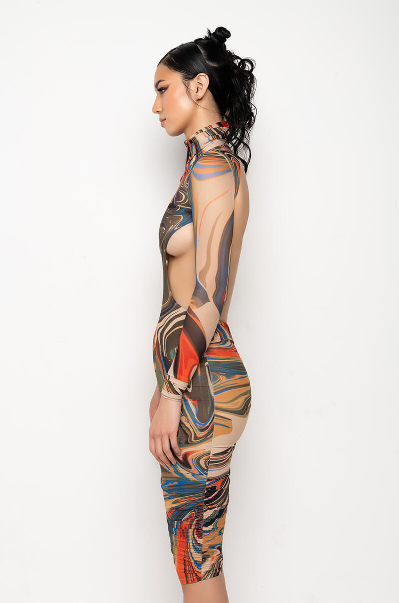 STICK TO THE SCRIPT MIDI MESH DRESS WITH OPEN BACK