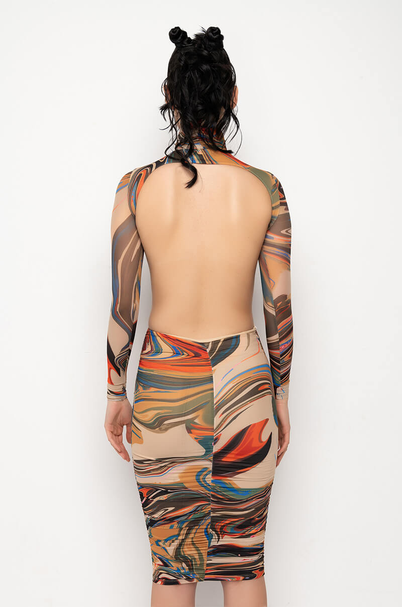 STICK TO THE SCRIPT MIDI MESH DRESS WITH OPEN BACK