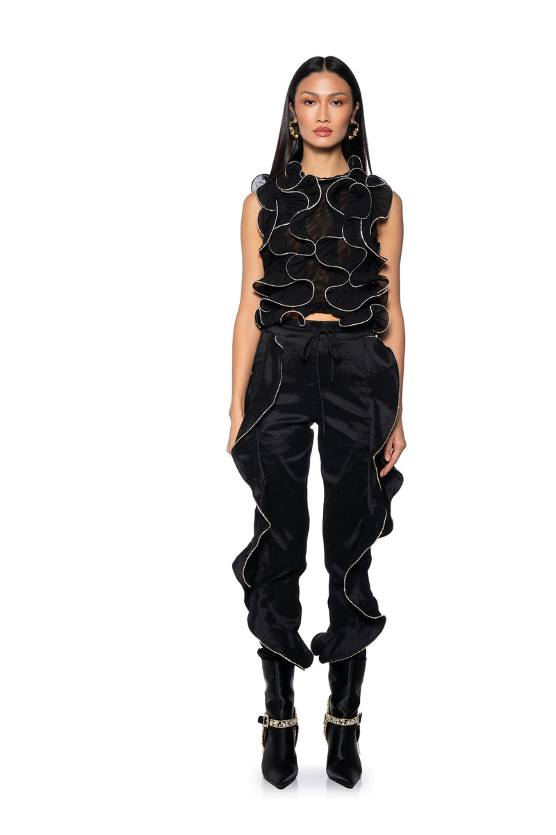 STOP AND STARE EMBELLISHED TULLE RUFFLE BLOUSE