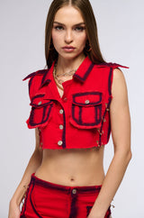 STOP TRYING CROP DENIM TOP