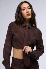 STRAIGHT TO BUSINESS PINSTRIPE TIE DETAIL CROP BLOUSE IN BROWN