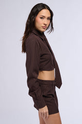 STRAIGHT TO BUSINESS PINSTRIPE TIE DETAIL CROP BLOUSE IN BROWN