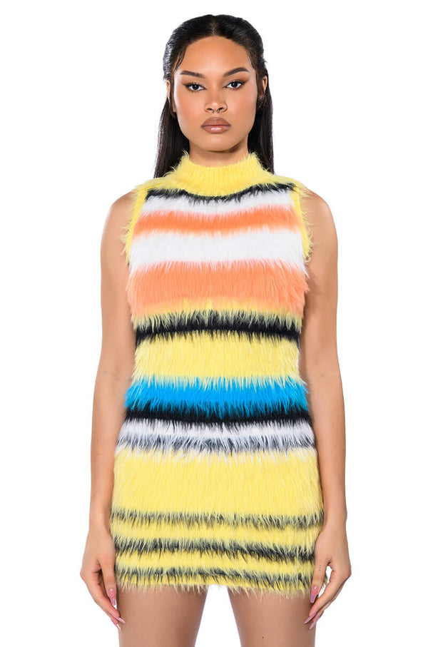 STRIPED FUZZY SWEATER DRESS