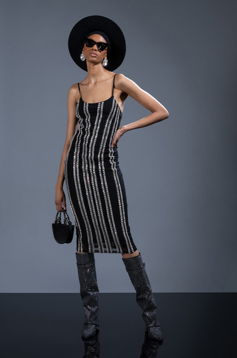 STUNNA MESH RHINESTONE TRIM MIDI DRESS