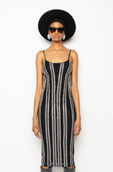 STUNNA MESH RHINESTONE TRIM MIDI DRESS