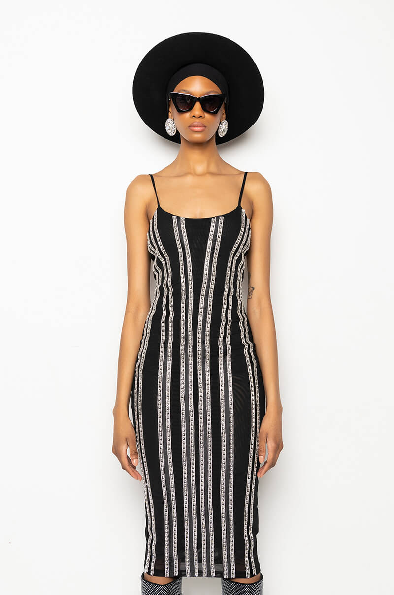 STUNNA MESH RHINESTONE TRIM MIDI DRESS