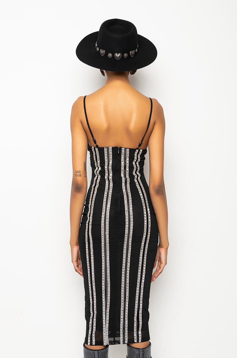 STUNNA MESH RHINESTONE TRIM MIDI DRESS