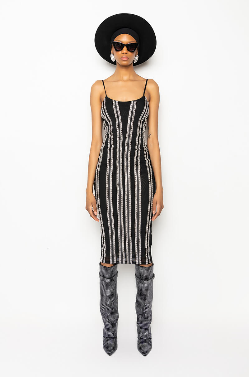 STUNNA MESH RHINESTONE TRIM MIDI DRESS