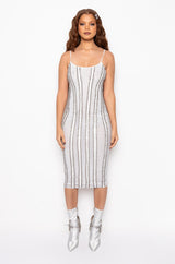 STUNNA MESH RHINESTONE TRIM MIDI DRESS