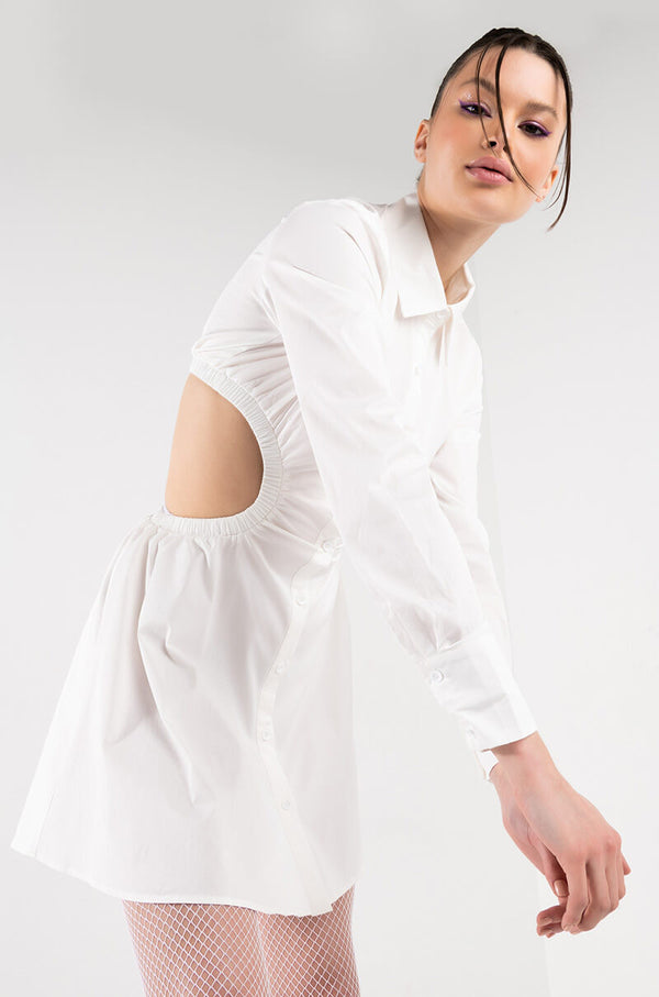 SUCH A LOOK OPEN BACK BUTTON UP FIT AND FLARE MINI DRESS
