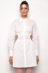 SUCH A LOOK OPEN BACK BUTTON UP FIT AND FLARE MINI DRESS