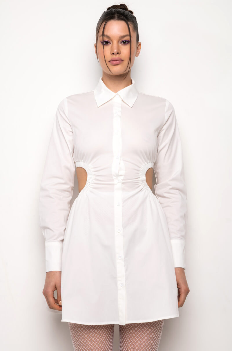 SUCH A LOOK OPEN BACK BUTTON UP FIT AND FLARE MINI DRESS