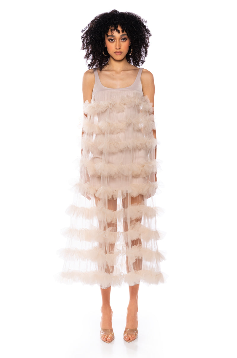 SUGAR PLUM DREAMS SHEER RUFFLE MAXI DRESS