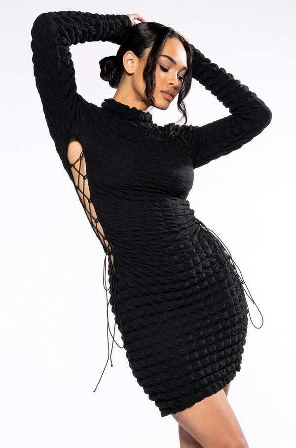 SULTRY LONG SLEEVE MOCK NECK CUT OUT MINI DRESS