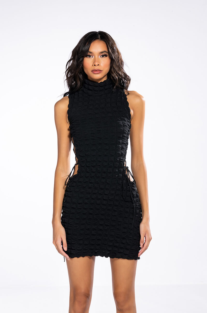 SULTRY SLEEVELESS MOCK NECK CUTOUT MINI DRESS
