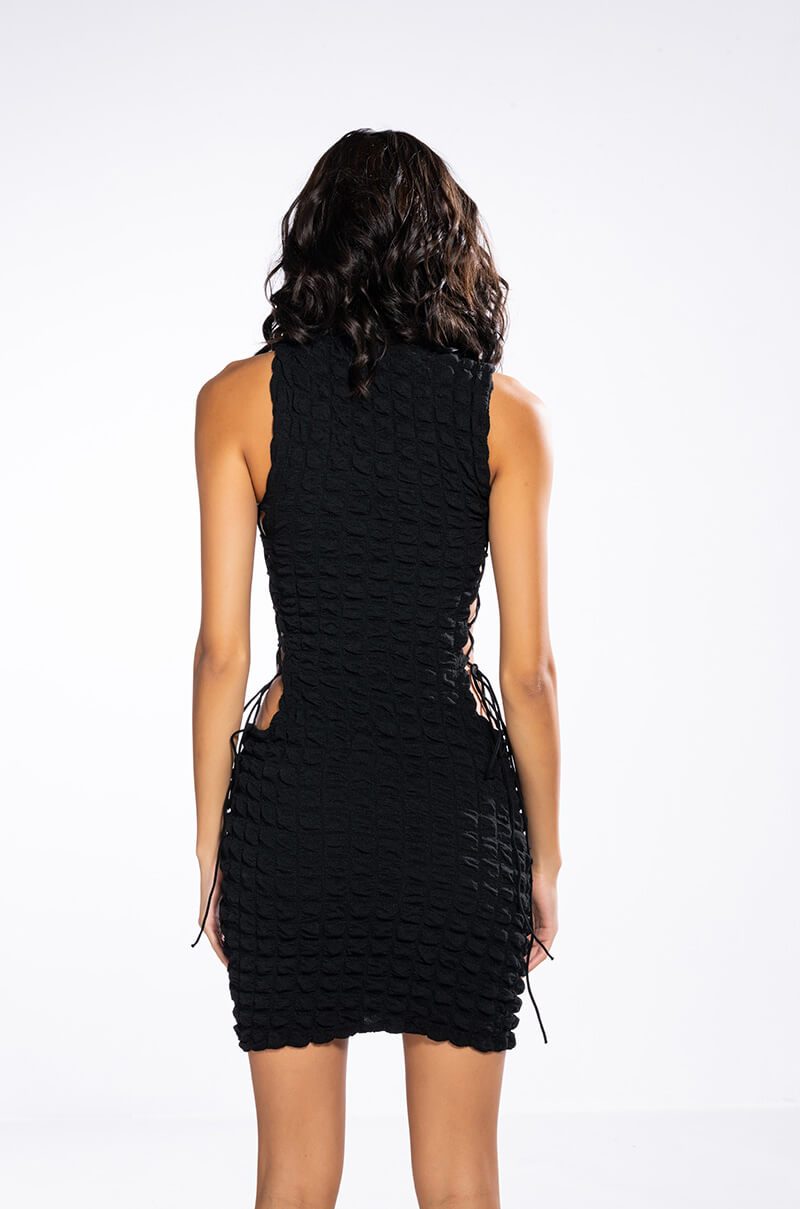 SULTRY SLEEVELESS MOCK NECK CUTOUT MINI DRESS