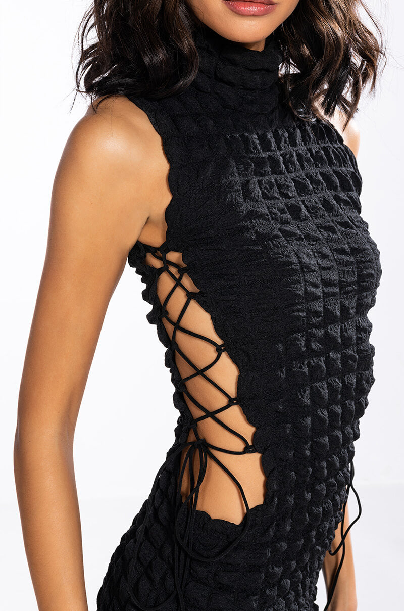 SULTRY SLEEVELESS MOCK NECK CUTOUT MINI DRESS