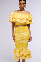 SUMMER LOVING OFF THE SHOULDER RUFFLE CROP BLOUSE IN YELLOW