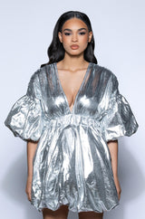 SUPERSTAR METALLIC V NECK MINI DRESS IN SILVER
