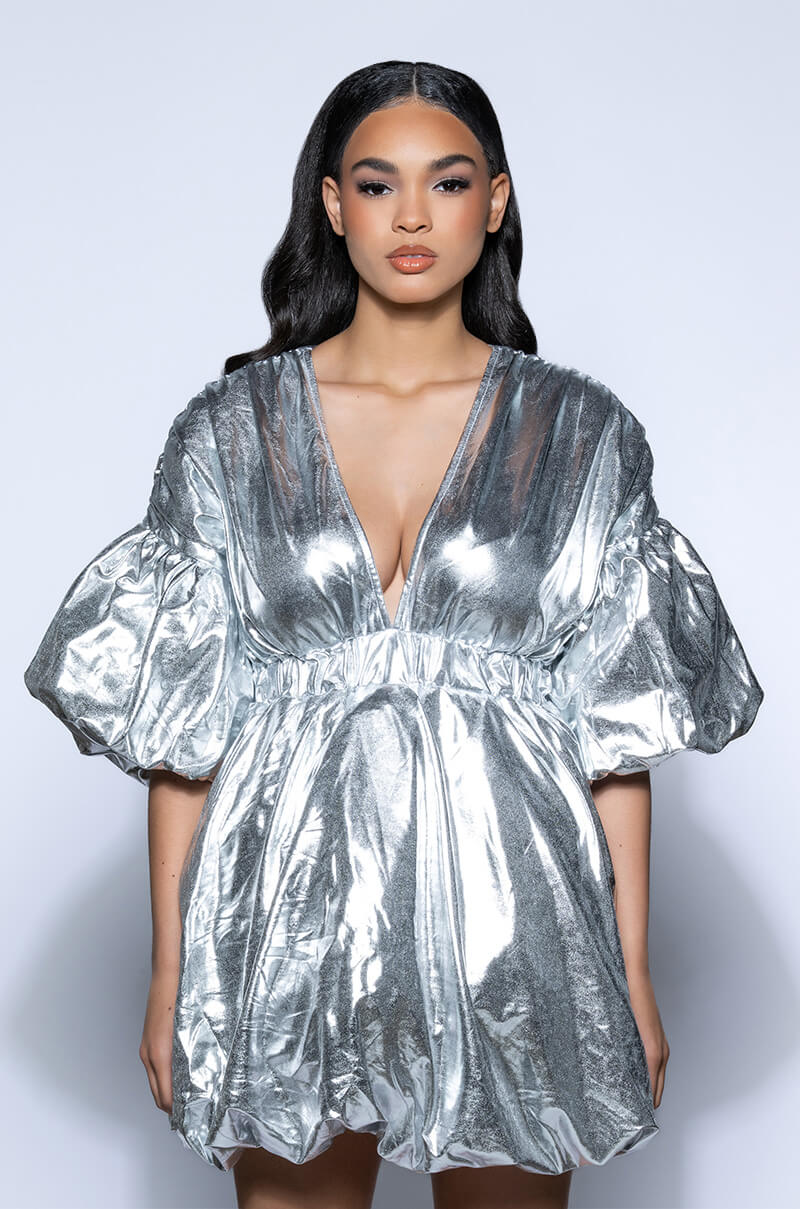 SUPERSTAR METALLIC V NECK MINI DRESS IN SILVER